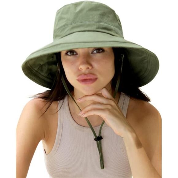 Women's Sun Hat Wide Brim Ponytail Beach Sun Protection Cotton with Fold-Up Brim